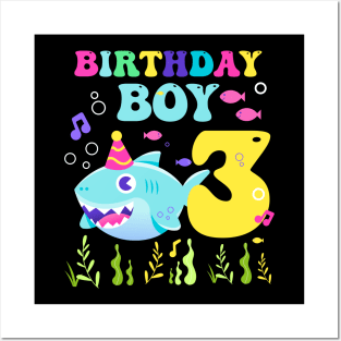 3rd Birthday Boy Shark Funny B-day Gift For Kids Tollders Posters and Art